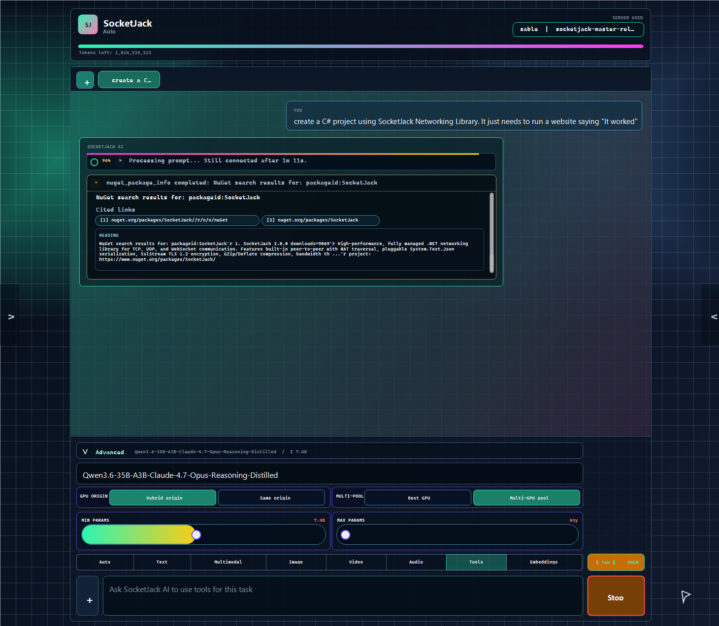 SocketJack AI browser session showing a user prompt, running tool output, GPU routing controls, model mode tabs, and the prompt composer