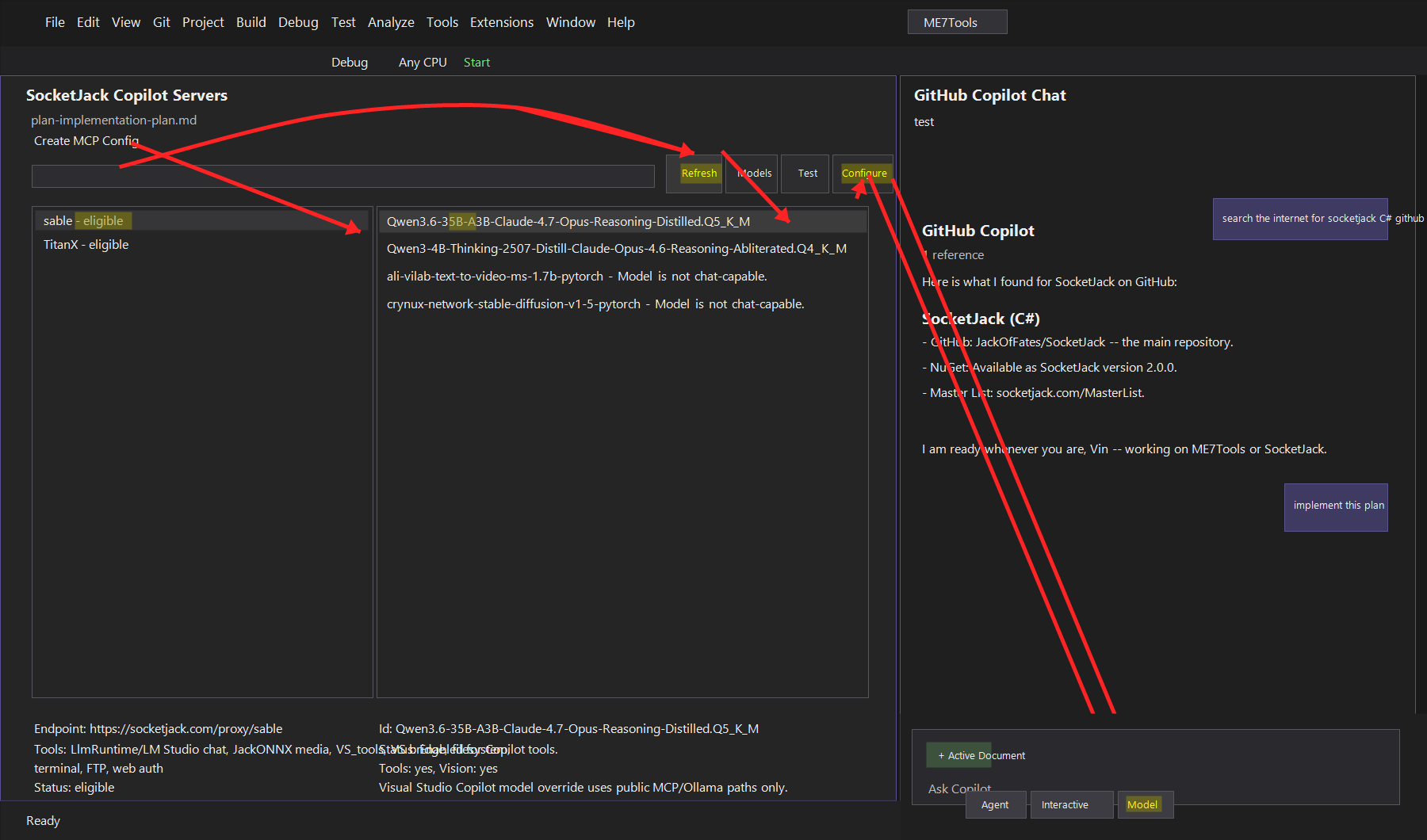 Visual Studio with the SocketJack Copilot Servers tool window selecting a server and model beside GitHub Copilot Chat