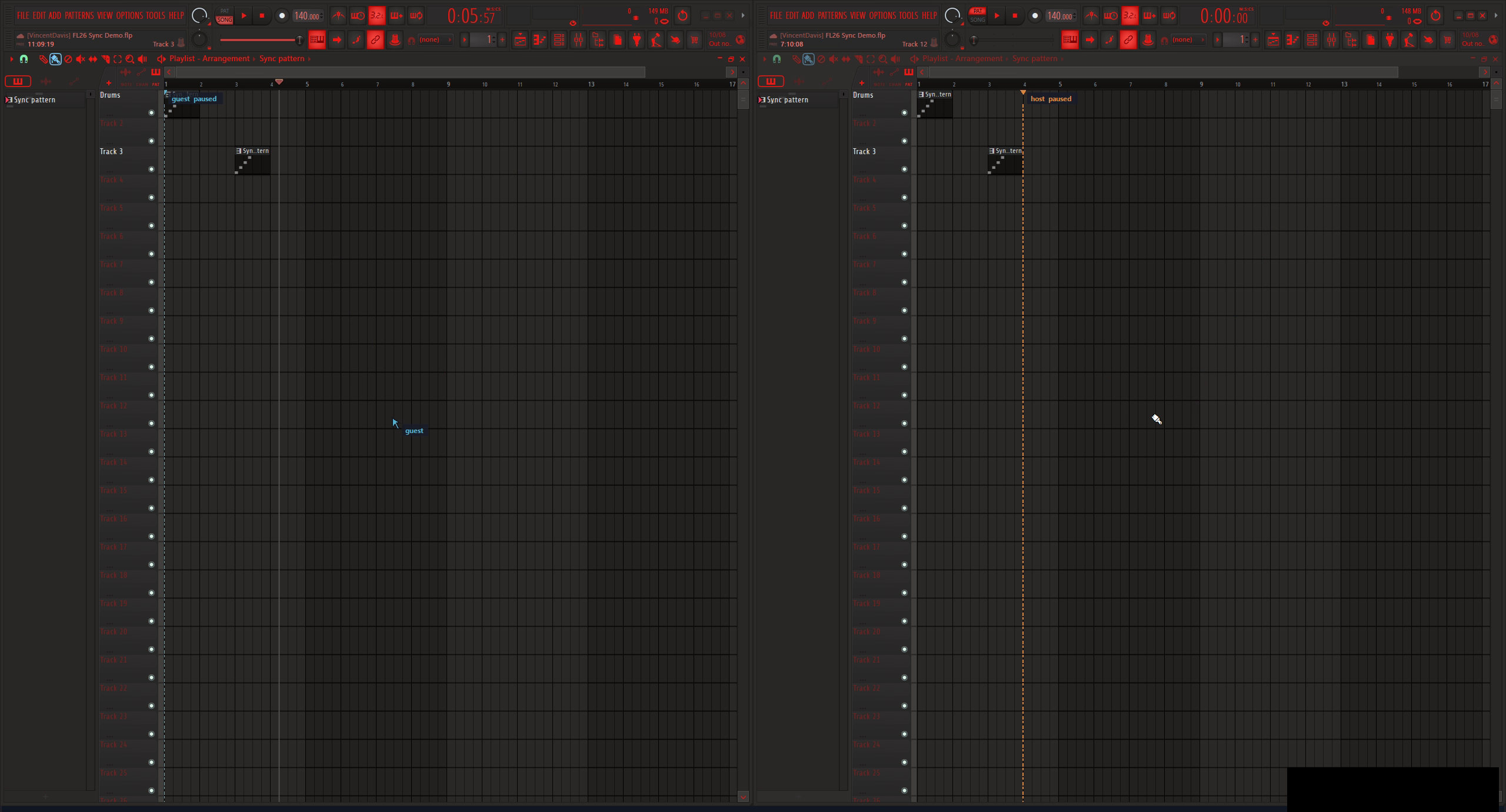 Guest’s cyan cursor appears in Host’s Playlist. Each collaborator has a distinct accent, scoped to the control they are using.