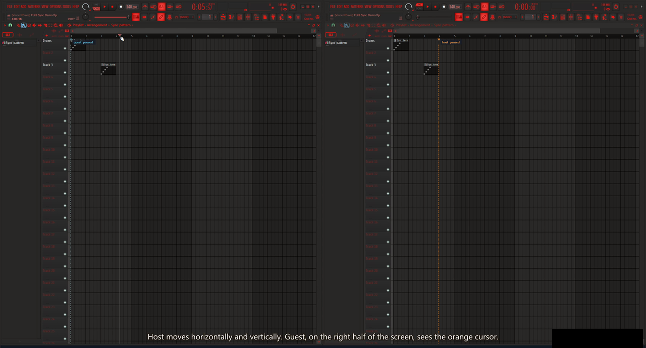Actual FL26 recording: Host's orange ghost cursor, a moving playback marker and shared Playlist edits, with subtitles