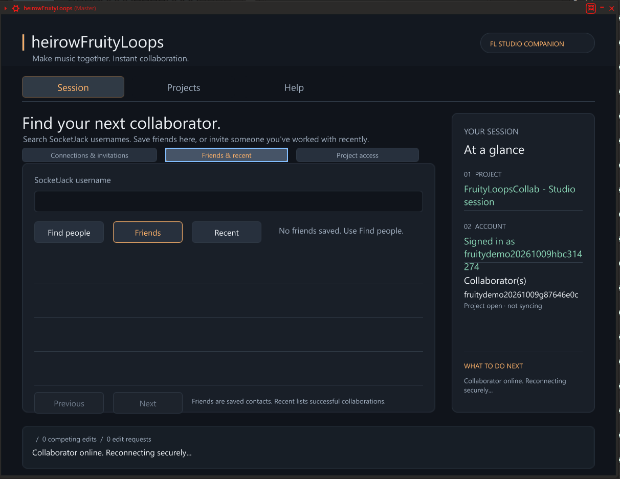 Friends and recent collaborators view with username search; the session is waiting to reconnect.
