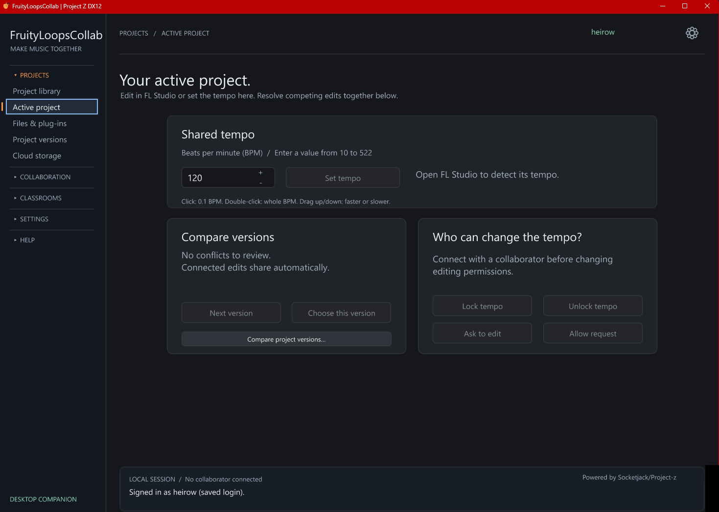 Your active project. Shared tempo, competing versions and editing permissions in one workspace. Actual desktop app screenshot.