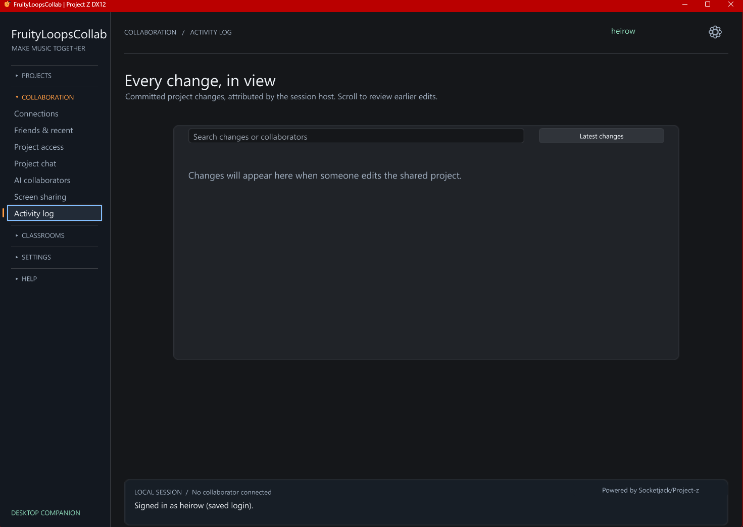 Every change, in view. Search and review attributed changes committed to the shared project. Actual desktop app screenshot.