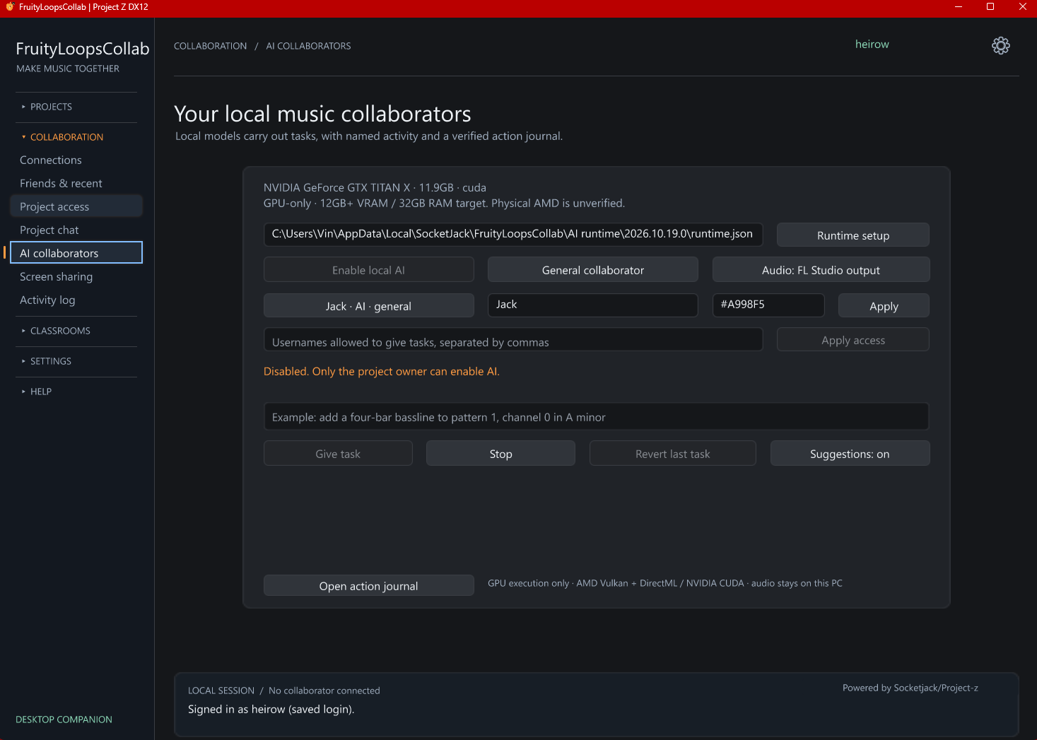 Local AI collaborators - experimental beta. Owner-controlled AI tasks, actor names, cursor colors, Stop, guarded revert and an action journal. Requires a compatible GPU and optional runtime. Actual desktop app screenshot.