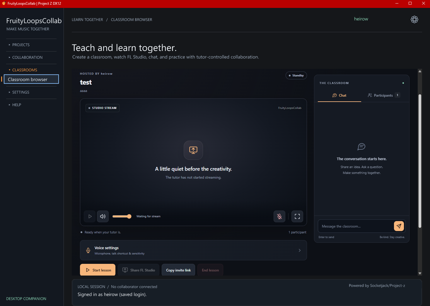 Your classroom before the lesson. A room in standby with stream controls, chat, voice settings and tutor controls. Actual desktop app screenshot.