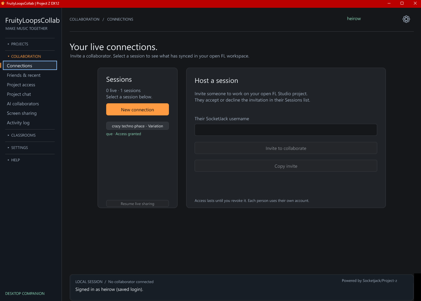 Invite someone into your session. Manage persistent invitations and select a connection to resume live sharing. Actual desktop app screenshot.