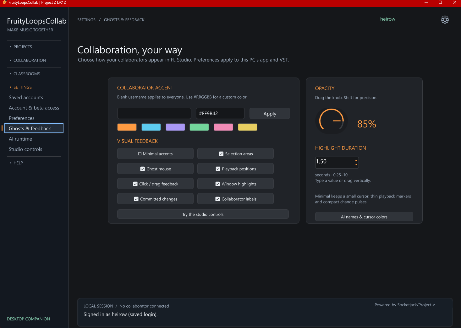 Collaboration, your way. Choose colors, ghost cursors, selection areas, playback markers, labels, opacity and highlight duration. Actual desktop app screenshot.