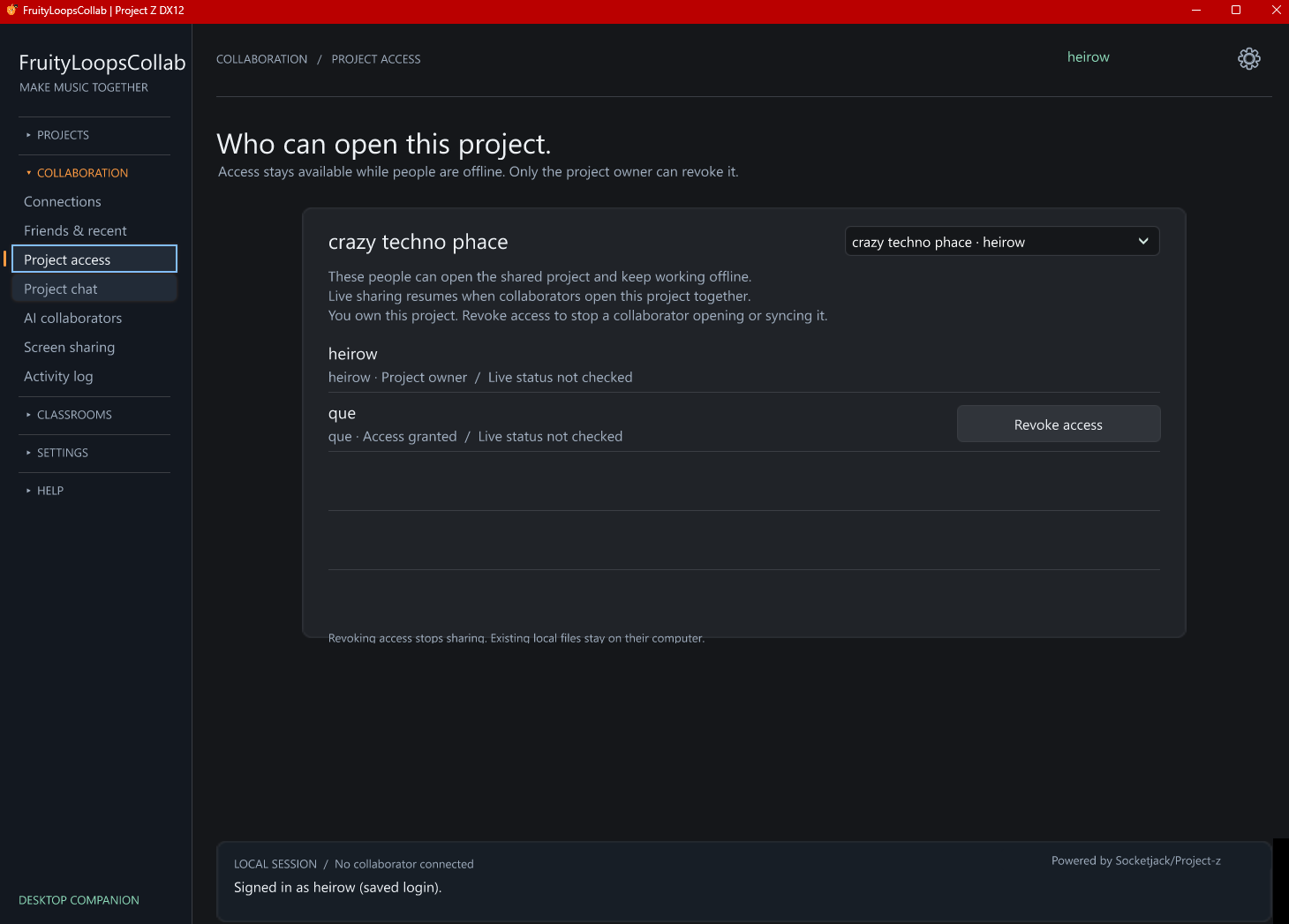 Control who can open a project. Owners can review persistent project access and revoke it when needed. Actual desktop app screenshot.