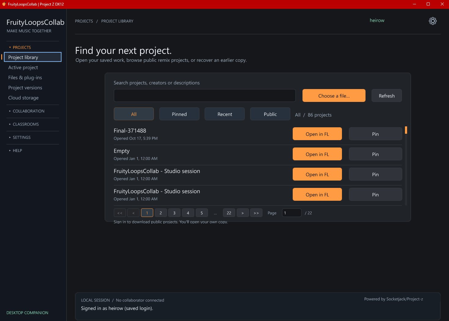 Find your next project. Browse saved, pinned, recent and public projects, with search and paging. Actual desktop app screenshot.
