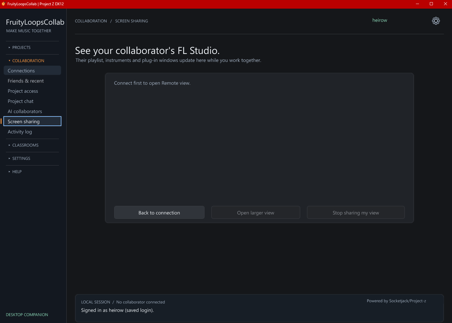 A dedicated collaborator view. Open the remote-view workspace after connecting to a collaborator. Actual desktop app screenshot.