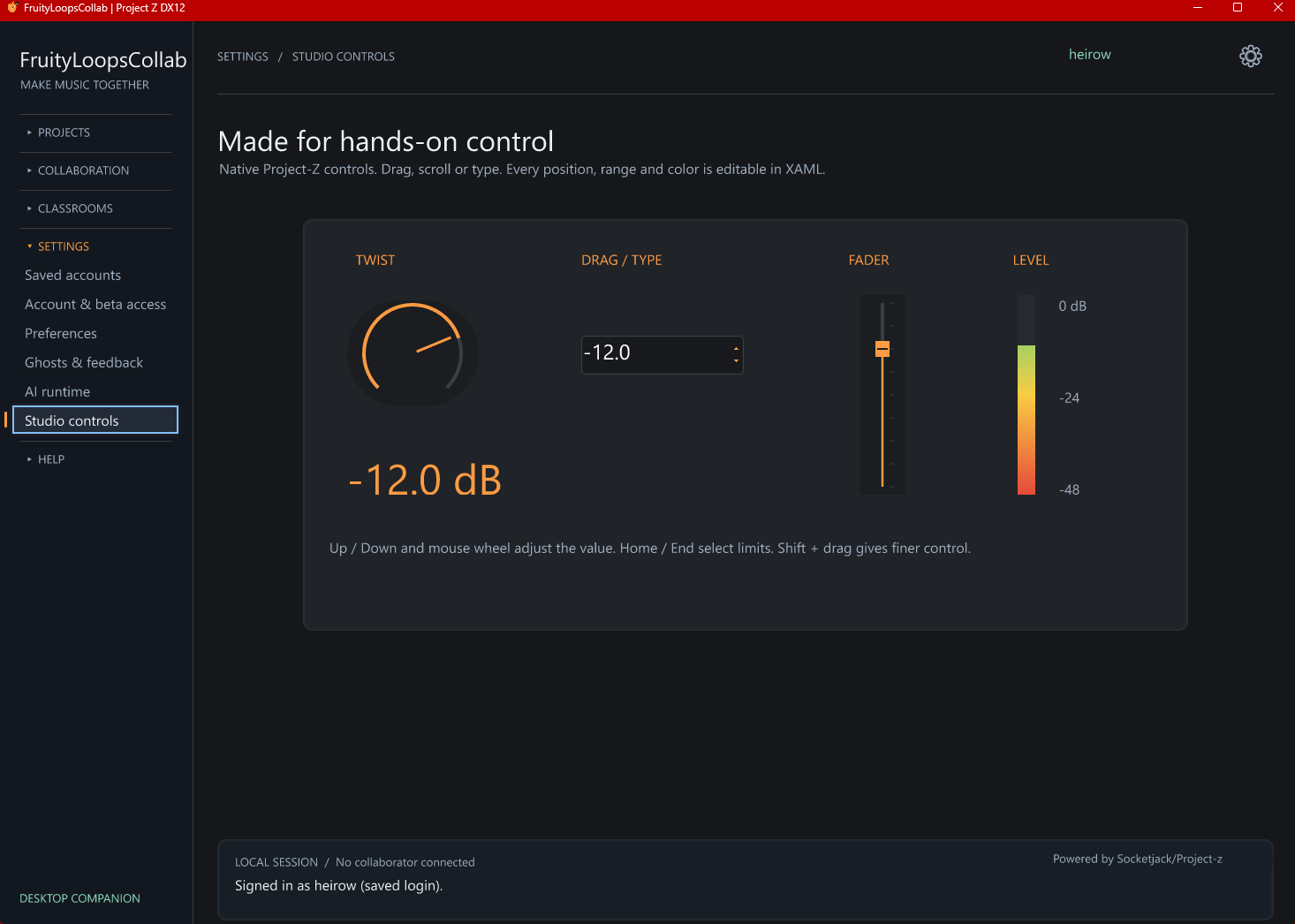 Made for hands-on control. Native knobs, drag-adjust numbers, faders and meters with keyboard and precision controls. Actual desktop app screenshot.