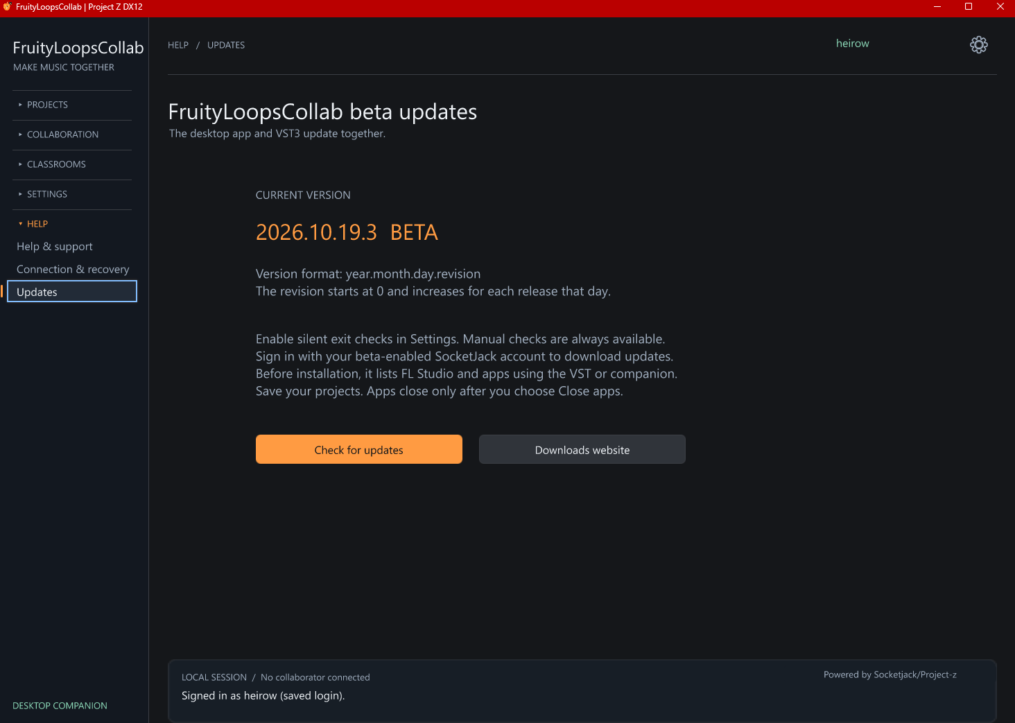 One update for app and VST. The installed beta version and manual update controls. Save projects before installing an update. Actual desktop app screenshot.