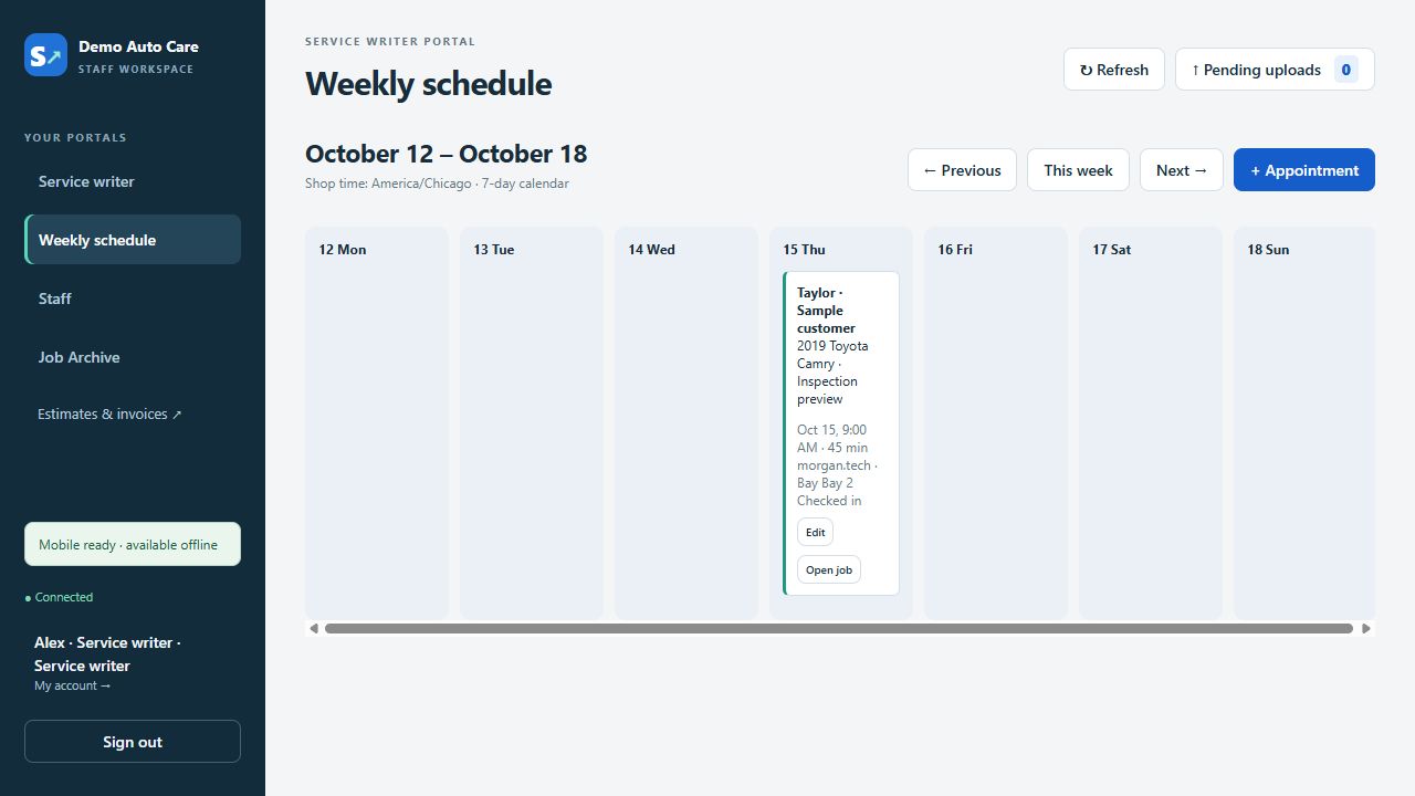 Weekly schedule showing a sample appointment and checked-in job