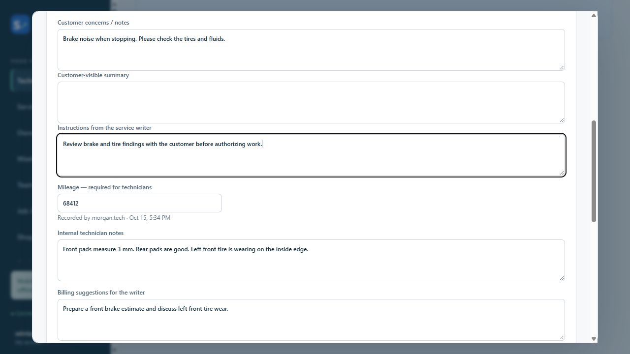 Service writer instructions and technician notes in the sample job handoff