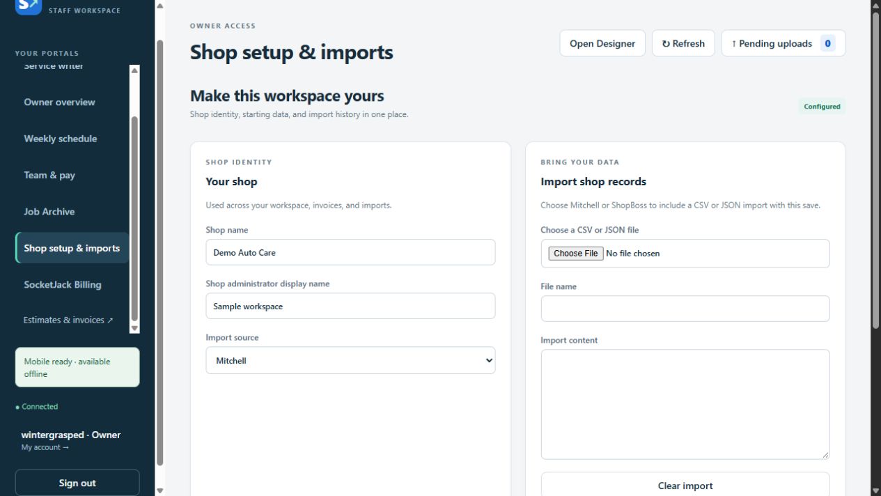 Mitchell import controls for CSV or JSON records in the sample workspace
