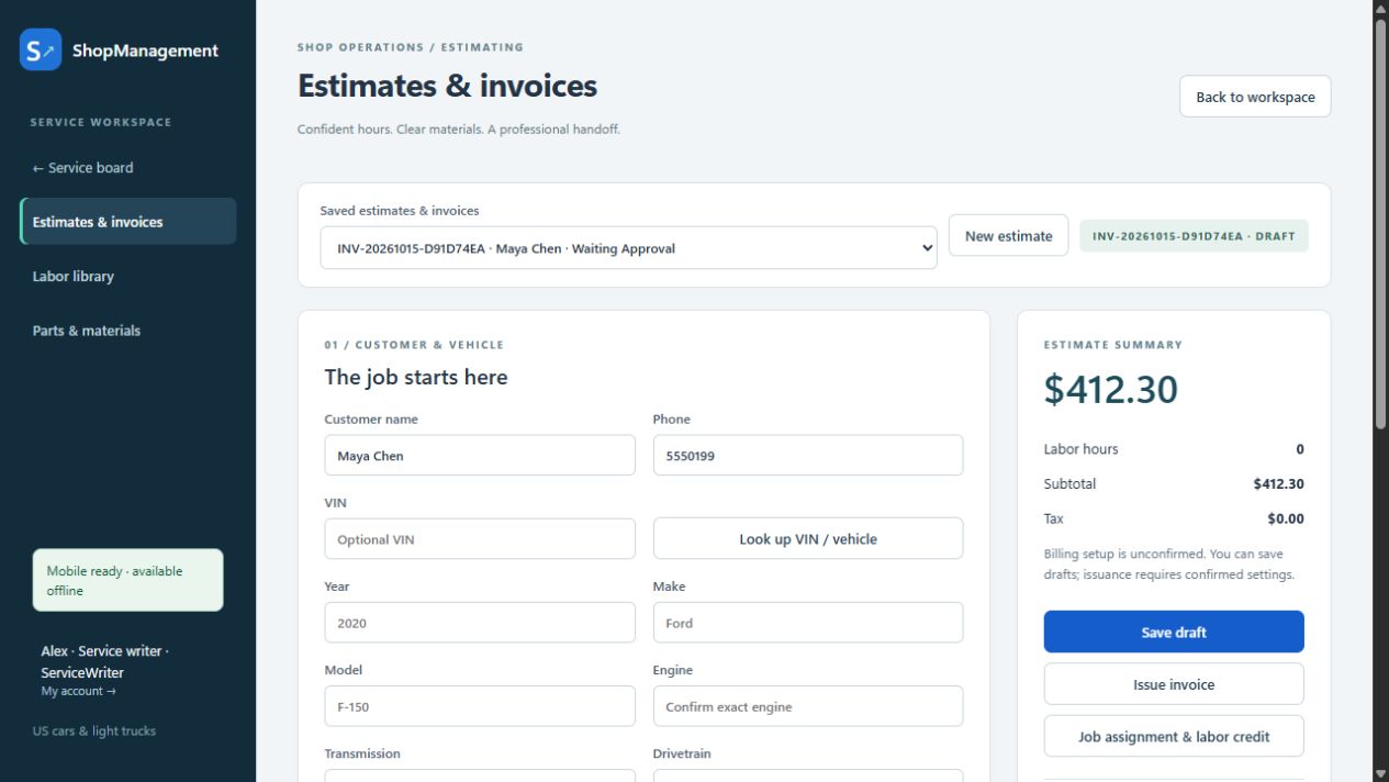 Current estimating workspace with a saved sample brake-service estimate and totals