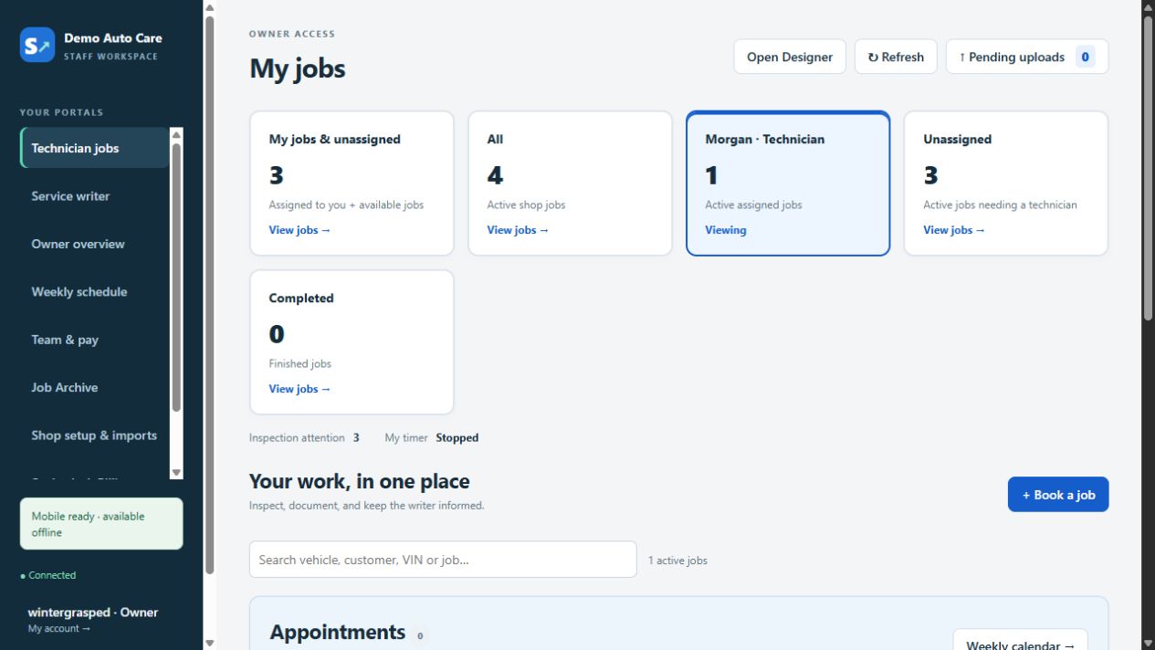 Technician job filters and assigned work, viewed with sample owner access
