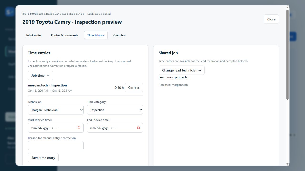 Sample inspection time entry, manual correction controls and labor billing
