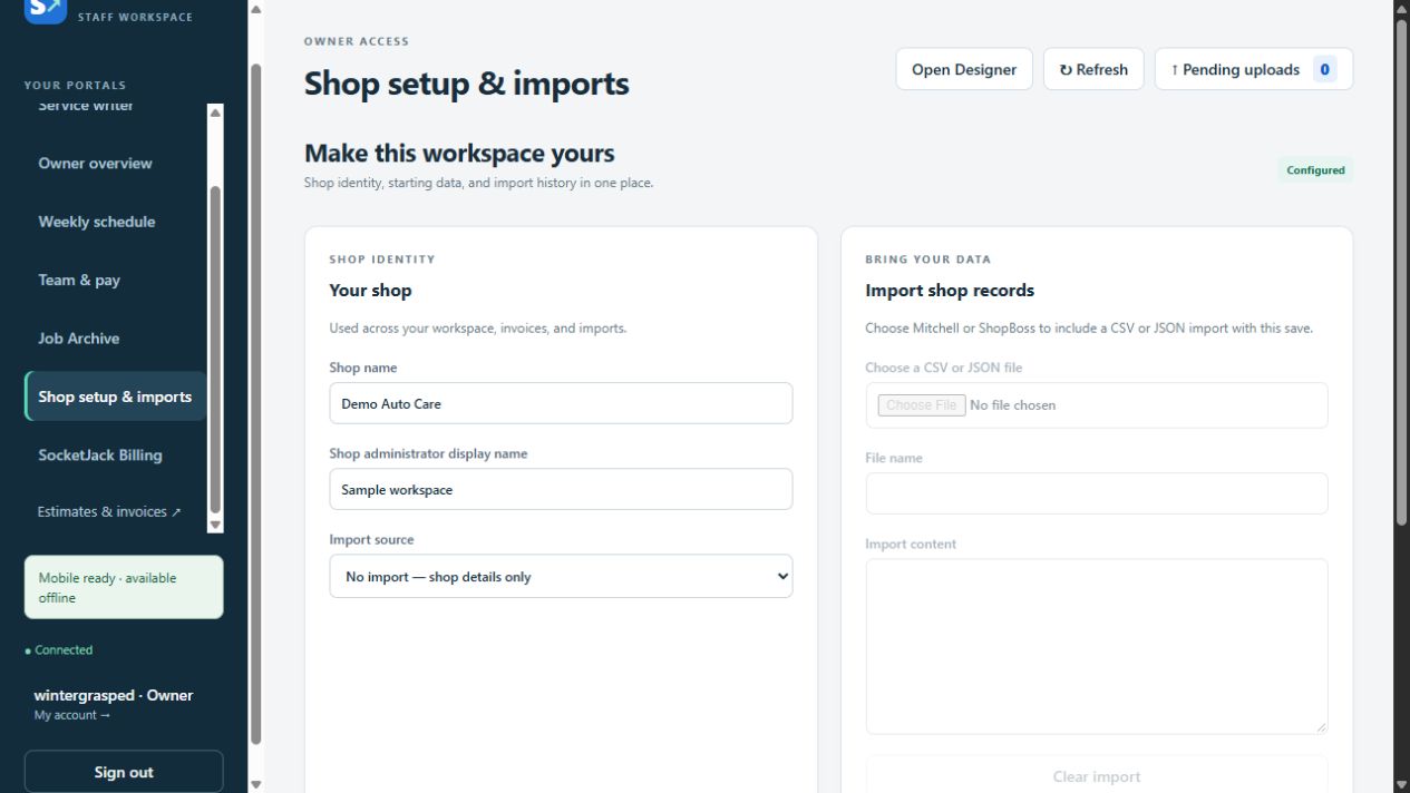 Shop setup with sample shop identity and import history