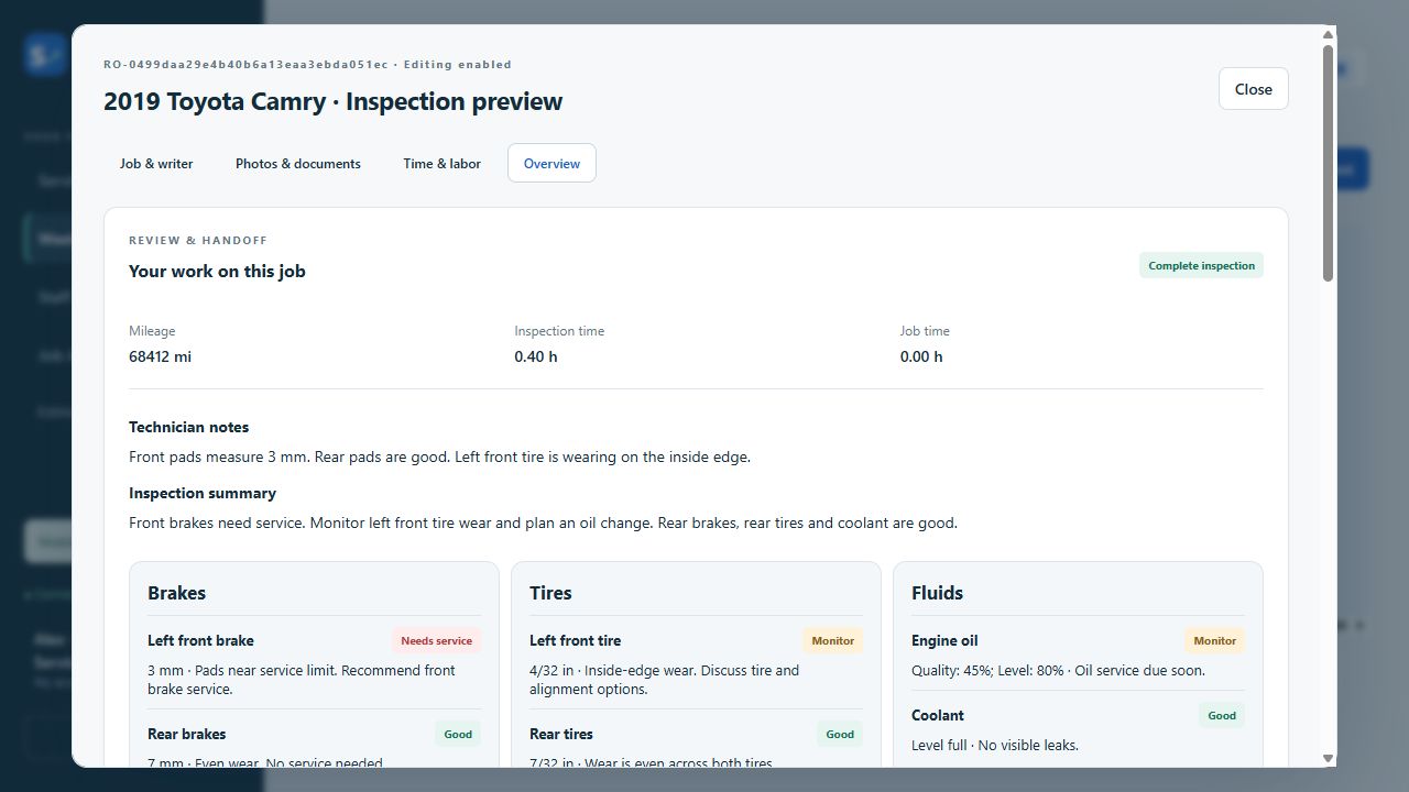 Service writer Overview with completed sample inspection findings, notes and measurements
