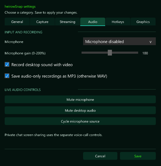 Audio settings with microphone selection, gain, desktop sound and MP3 / WAV options
