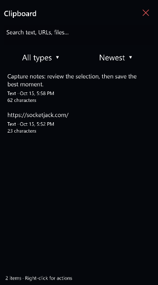 Clipboard history with sample text entries, search, type and sort controls