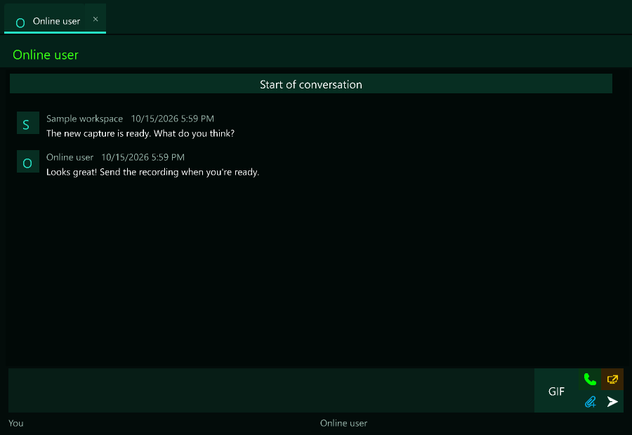 Native chat tabs, sample conversation, composer, attachments and call controls