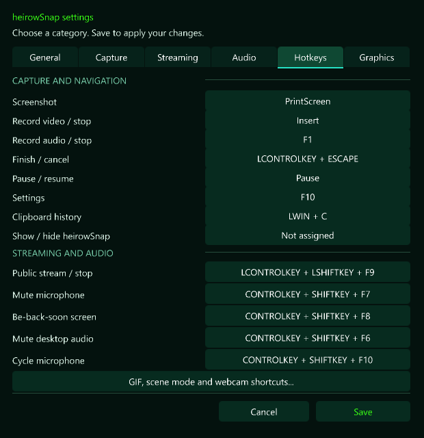 Current native hotkey settings for capture, streaming, audio and clipboard