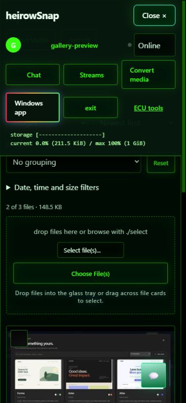 Mobile layout at 390 px with the expanded navigation and sample image uploads