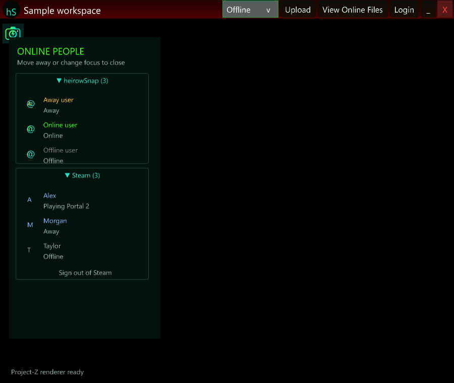 Steam and heirowSnap contact groups with sample presence and game activity