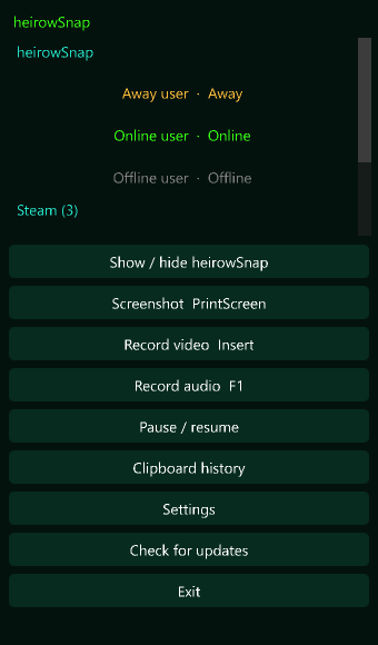 Current tray menu with sample contacts and capture, recording and utility actions