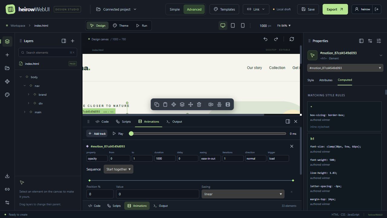 Animation track with timing, easing and keyframe controls for a sample heading