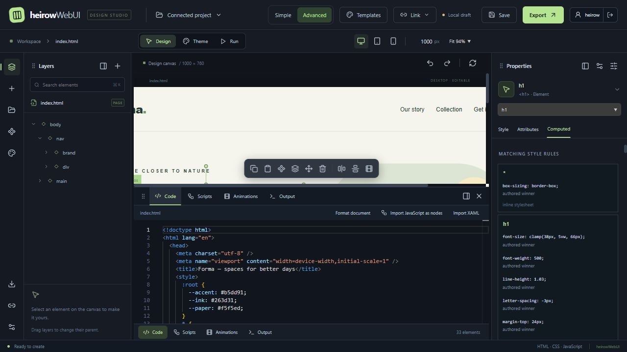 Current code workspace editing the sample page HTML and CSS