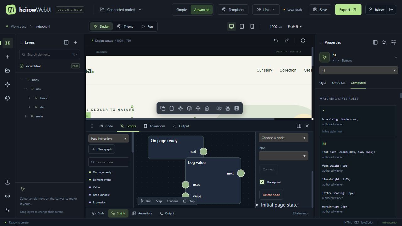 Script graph debugger with a selected breakpoint and Run, Step and Continue controls