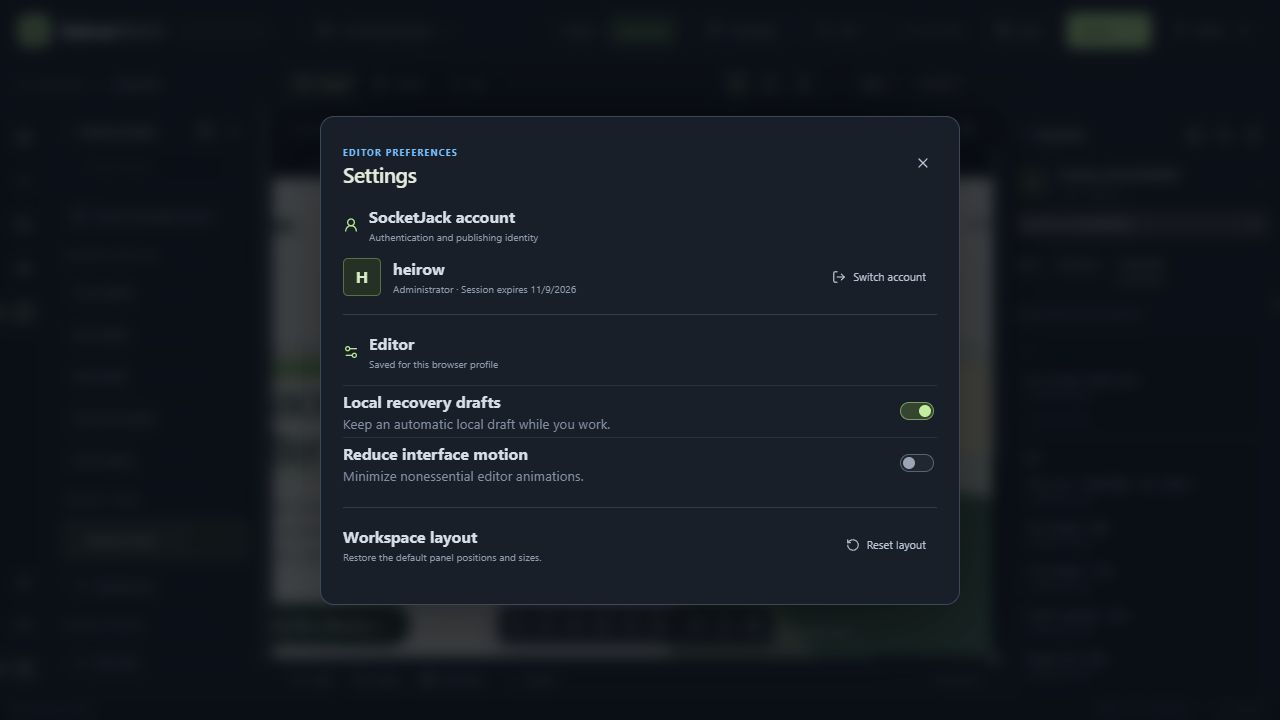 Settings showing inherited SocketJack identity and local recovery preferences