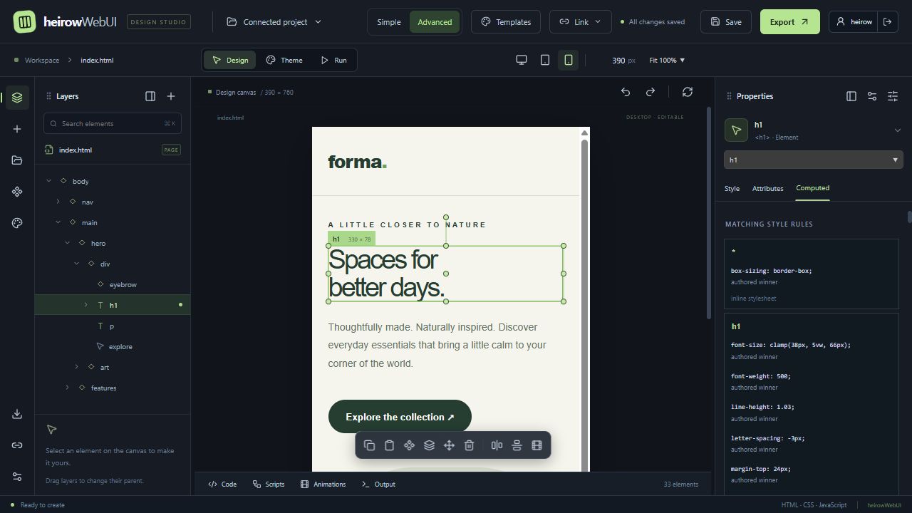 Mobile viewport preview of the same sample page inside the editor