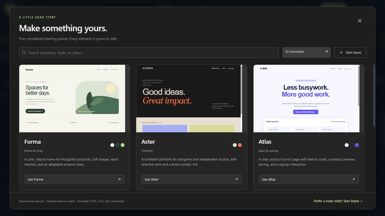 The current template explorer with Forma, Aster, Atlas, Field Notes and Ember