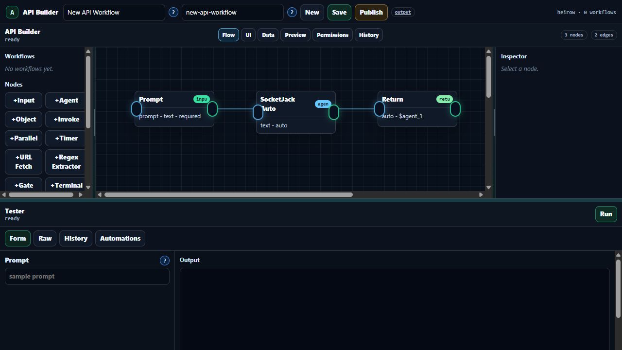 Current Agent Builder graph, node palette, inspector and tester