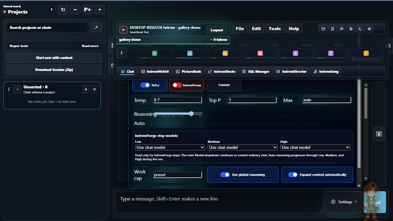 Current chat modes, model selector and composer settings