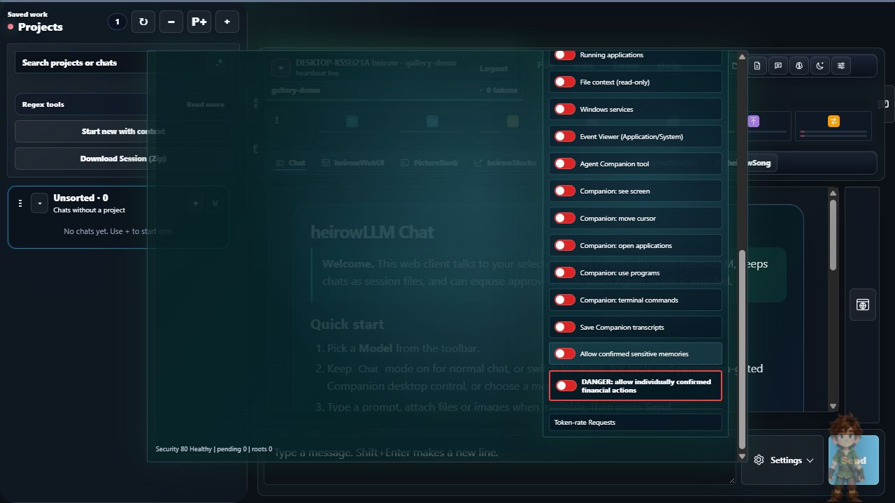 Current Companion permissions for screen, cursor, applications and terminal access